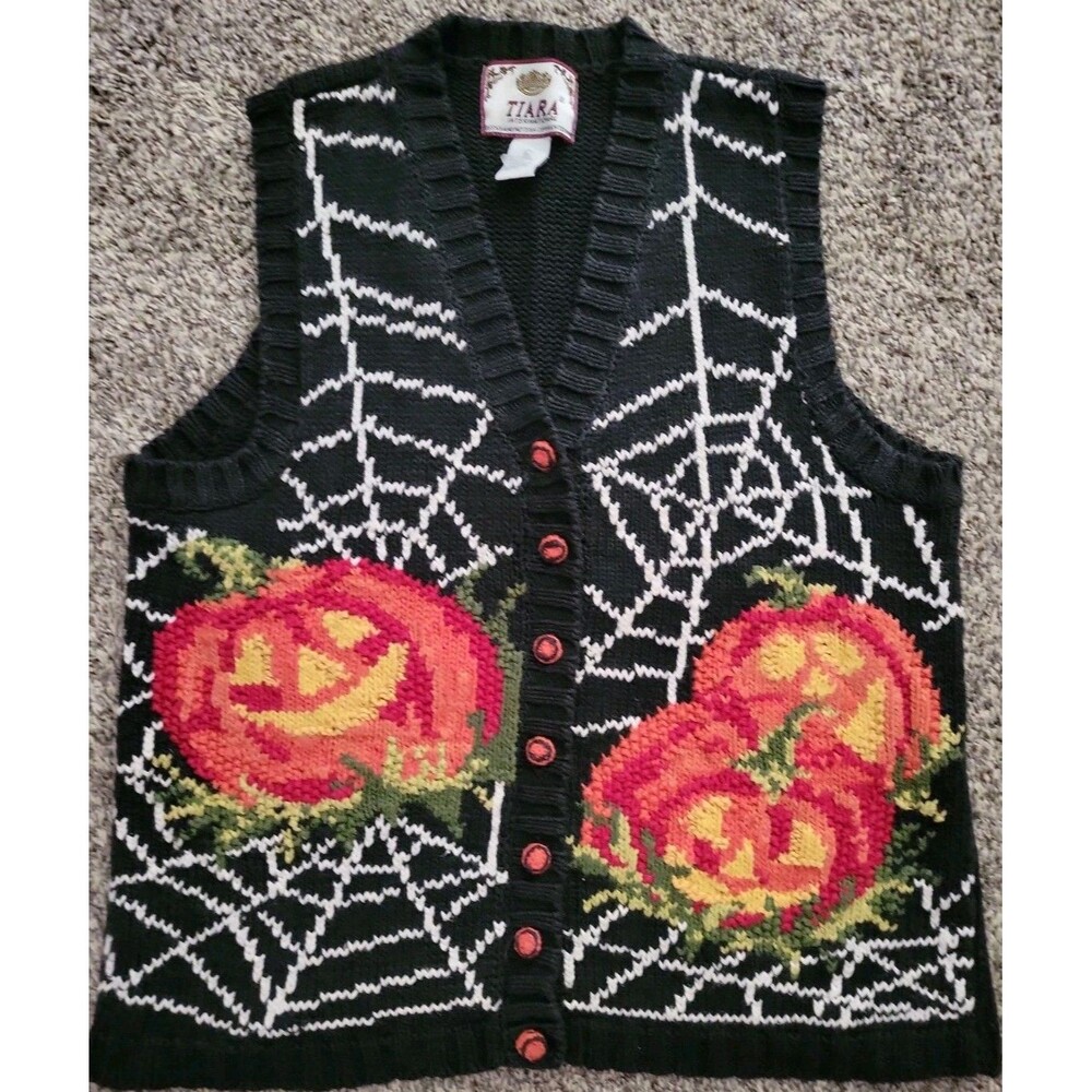 Vintage Tiara Cottage Embroidered Knit Sweater Vest Halloween Women's Large 90's - Picture 2 of 9